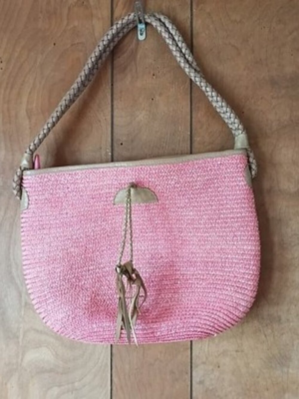 Donna Dixon pink raffia woven shoulder bag / boho beach purse